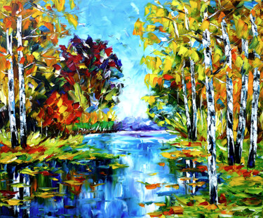 Painting titled "Autumn birches" by Mirek Kuzniar, Original Artwork, Oil