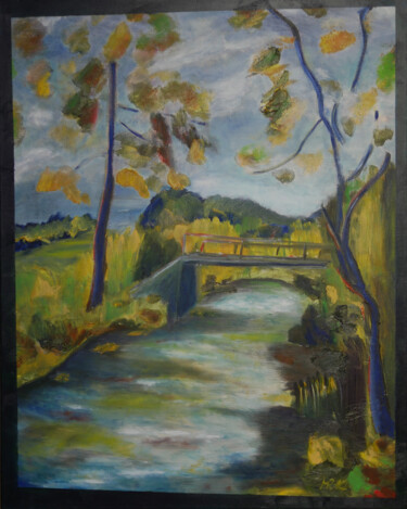 Painting titled "bridge over the yel…" by Marek Raminski, Original Artwork, Oil
