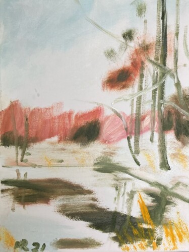 Painting titled "Teich im Winter" by Marek Raminski, Original Artwork, Oil