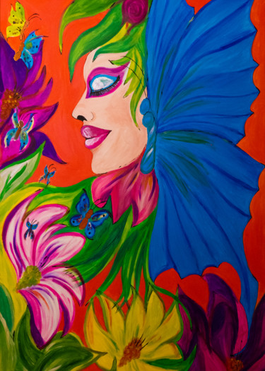Painting titled "Butterfly Woman" by Mirna Oliveira, Original Artwork, Acrylic