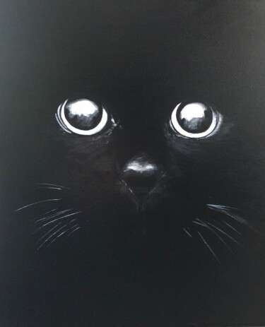 「Chat noir N&B」というタイトルの絵画 Maïlys Paintingによって, オリジナルのアートワーク, アクリル ウッドストレッチャーフレームにマウント