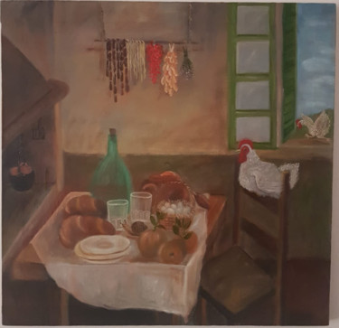 Painting titled "Interno casale con…" by Barbara Mainini, Original Artwork, Oil