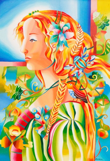 Malerei mit dem Titel "The saleswoman of f…" von Mairim Perez Roca, Original-Kunstwerk, Acryl