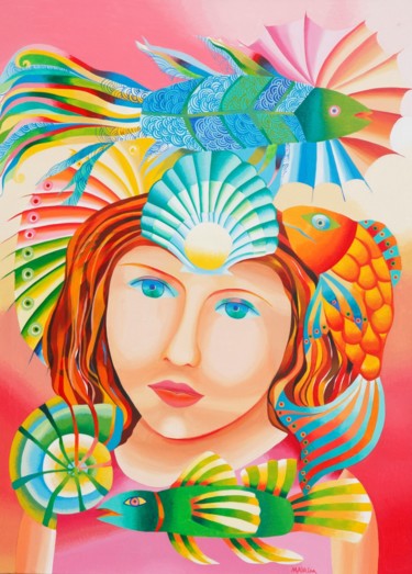 Malerei mit dem Titel "The fisherwoman" von Mairim Perez Roca, Original-Kunstwerk, Acryl
