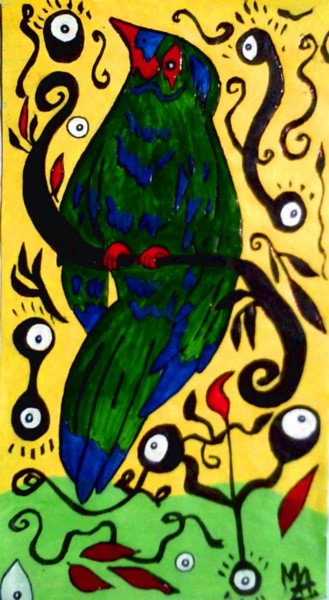 Pintura intitulada "pássaro verde" por Mairon Almeida, Obras de arte originais