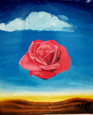 Painting titled "La rose méditative" by S.Azarou, Original Artwork, Oil