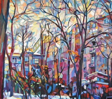 Painting titled "Winter Yard" by Maja Djokic Mihajlovic, Original Artwork, Oil