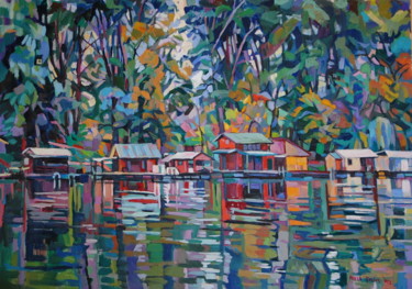 Painting titled "Summer River Reflec…" by Maja Djokic Mihajlovic, Original Artwork, Oil