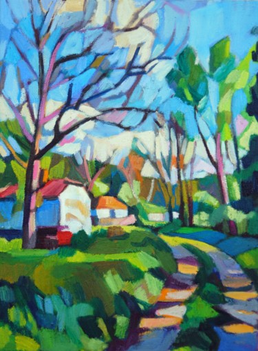 Painting titled "Village landscape" by Maja Djokic Mihajlovic, Original Artwork, Oil
