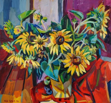 Painting titled "Sunflowers V" by Maja Djokic Mihajlovic, Original Artwork, Oil