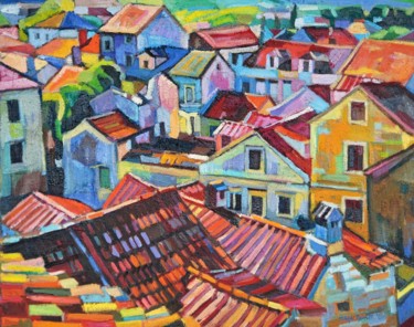 Pittura intitolato "Old city roofs 1" da Maja Djokic Mihajlovic, Opera d'arte originale, Olio