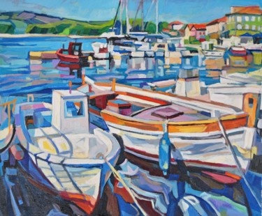 Pittura intitolato "White fishing boats" da Maja Djokic Mihajlovic, Opera d'arte originale, Olio
