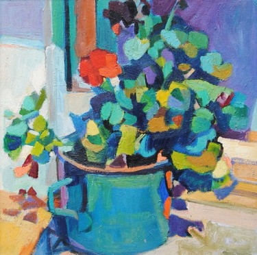 Pintura intitulada "Geraniums in a blue…" por Maja Djokic Mihajlovic, Obras de arte originais, Óleo