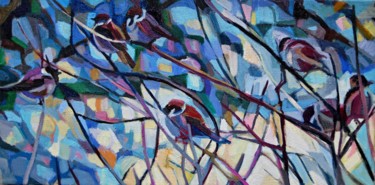 Painting titled "Sparrows No2" by Maja Djokic Mihajlovic, Original Artwork, Oil