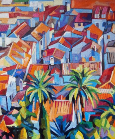 Malarstwo zatytułowany „Seascape with palm…” autorstwa Maja Djokic Mihajlovic, Oryginalna praca, Olej