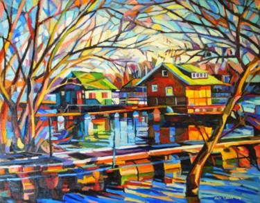 Painting titled "Cottages on the riv…" by Maja Djokic Mihajlovic, Original Artwork, Oil