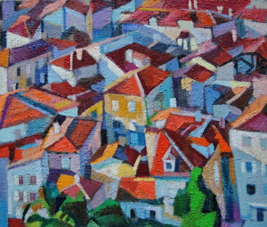 Pittura intitolato "Red roofs V,1" da Maja Djokic Mihajlovic, Opera d'arte originale, Olio