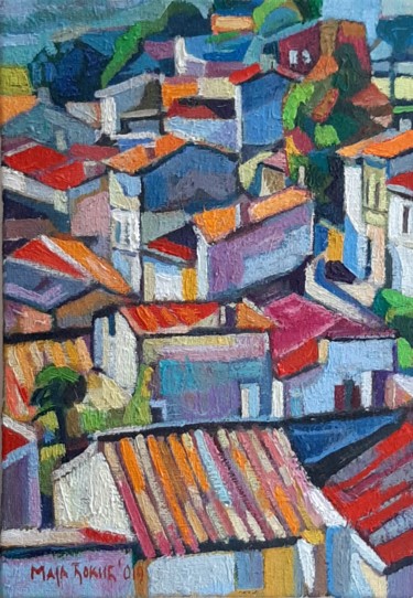 Painting titled "Roofs miniature 11x…" by Maja Djokic Mihajlovic, Original Artwork, Oil