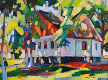 Painting titled "WHITE VILLAGE HOUSE" by Maja Djokic Mihajlovic, Original Artwork, Oil