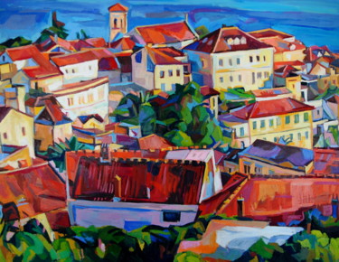 Painting titled "Summer town" by Maja Djokic Mihajlovic, Original Artwork, Oil