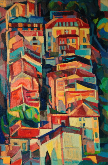 Painting titled "CITY ROOFS 1" by Maja Djokic Mihajlovic, Original Artwork, Oil