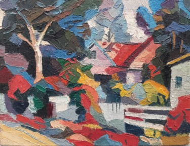 Ζωγραφική με τίτλο "Village landscape,…" από Maja Djokic Mihajlovic, Αυθεντικά έργα τέχνης, Λάδι