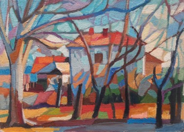 Malarstwo zatytułowany „Village landscape N…” autorstwa Maja Djokic Mihajlovic, Oryginalna praca, Olej