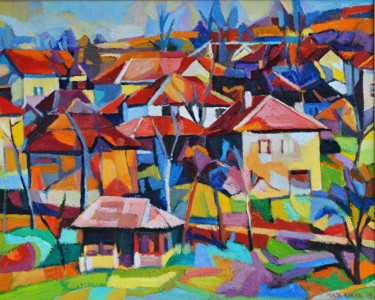 Картина под названием "Sleepy village" - Maja Djokic Mihajlovic, Подлинное произведение искусства, Масло