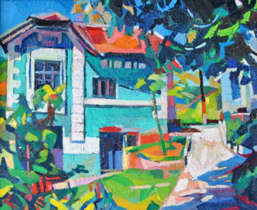 Malerei mit dem Titel "Turquoise house" von Maja Djokic Mihajlovic, Original-Kunstwerk, Öl