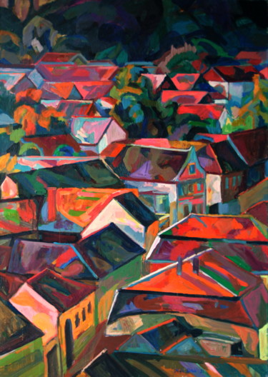 Картина под названием "Old roofs" - Maja Djokic Mihajlovic, Подлинное произведение искусства, Масло
