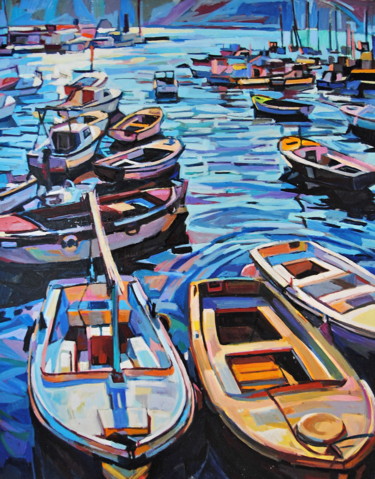 Painting titled "Boats in marina" by Maja Djokic Mihajlovic, Original Artwork, Oil