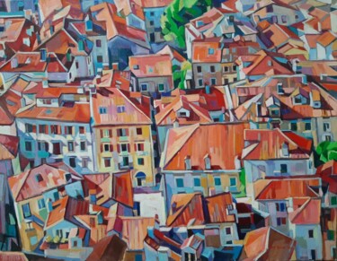 Malerei mit dem Titel "Roofs of Kotor" von Maja Djokic Mihajlovic, Original-Kunstwerk, Öl