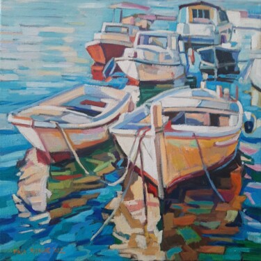 Painting titled "Fishing boats  3" by Maja Djokic Mihajlovic, Original Artwork, Oil