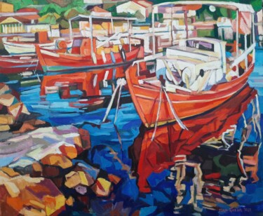 Painting titled "Red boats" by Maja Djokic Mihajlovic, Original Artwork, Oil Mounted on Wood Stretcher frame