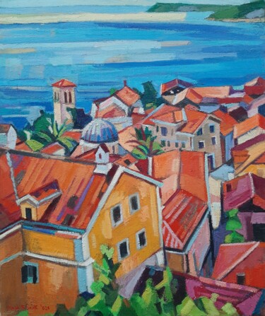 Malerei mit dem Titel "Roofs of Herceg Novi" von Maja Djokic Mihajlovic, Original-Kunstwerk, Öl