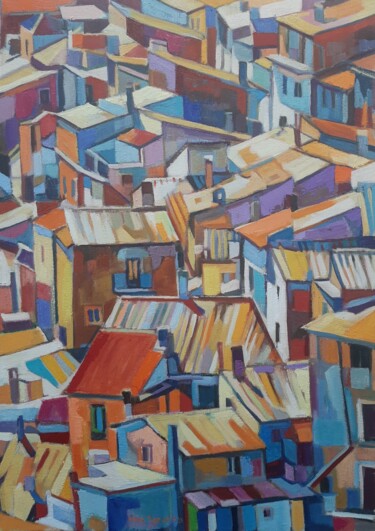Painting titled "Roofs 2" by Maja Djokic Mihajlovic, Original Artwork, Oil