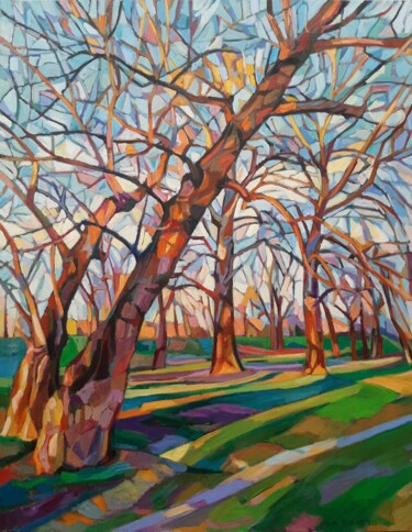 Painting titled "Sunlit trees" by Maja Djokic Mihajlovic, Original Artwork, Oil