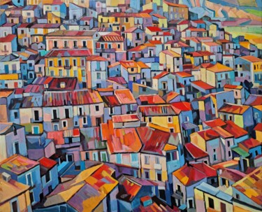 Painting titled "Town" by Maja Djokic Mihajlovic, Original Artwork, Oil