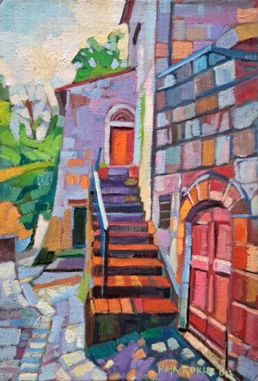Peinture intitulée "Stairs, Sorano" par Maja Djokic Mihajlovic, Œuvre d'art originale, Huile