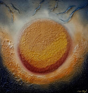 Painting titled "Die Geburt der Sonne" by Maja Flügel, Original Artwork, Acrylic Mounted on Wood Stretcher frame