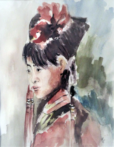 Painting titled "Geisha" by Majo, Original Artwork, Watercolor