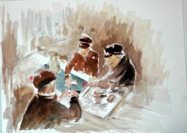 Peinture intitulée "Les joueurs de cart…" par Majo, Œuvre d'art originale, Aquarelle