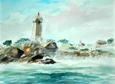 Painting titled "Le Phare .. Marine…" by Majo, Original Artwork, Watercolor