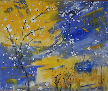 Malerei mit dem Titel "Blossoms  in Blue a…" von Maka Kvartskhava (Stillwhite), Original-Kunstwerk, Öl