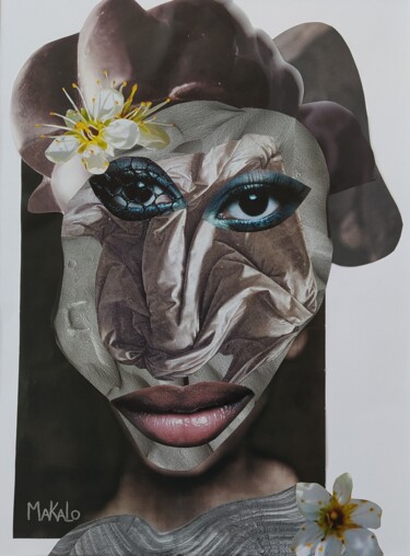 Collagen mit dem Titel "Portrait à la fleur" von Makalo, Original-Kunstwerk, Collagen Auf Holzplatte montiert