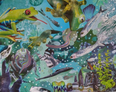 Collagen mit dem Titel "Aquarium" von Makalo, Original-Kunstwerk, Collagen Auf Holzplatte montiert