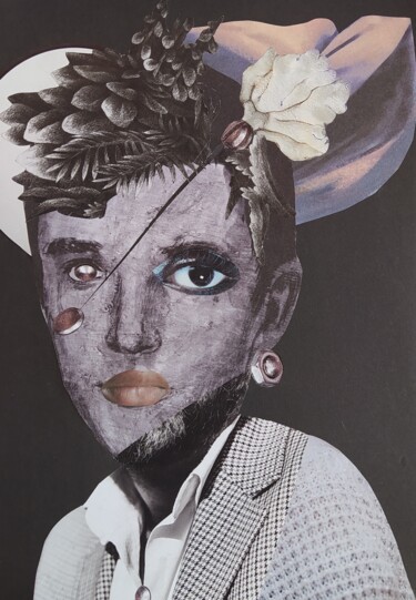 Collages intitulée "Portrait garçon" par Makalo, Œuvre d'art originale, Collages Monté sur Panneau de bois