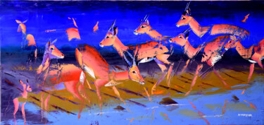 Painting titled "Impalas by the River" by Makiwa Mutomba, Original Artwork, Oil Mounted on Wood Stretcher frame