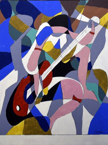Schilderij getiteld "The Guitarist" door Makiwa Mutomba, Origineel Kunstwerk, Acryl Gemonteerd op Frame voor houten brancard