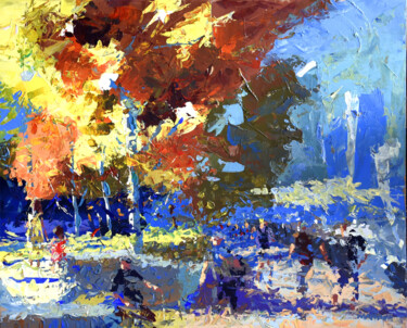 Painting titled "Autumn in the City" by Makiwa Mutomba, Original Artwork, Acrylic Mounted on Wood Stretcher frame
